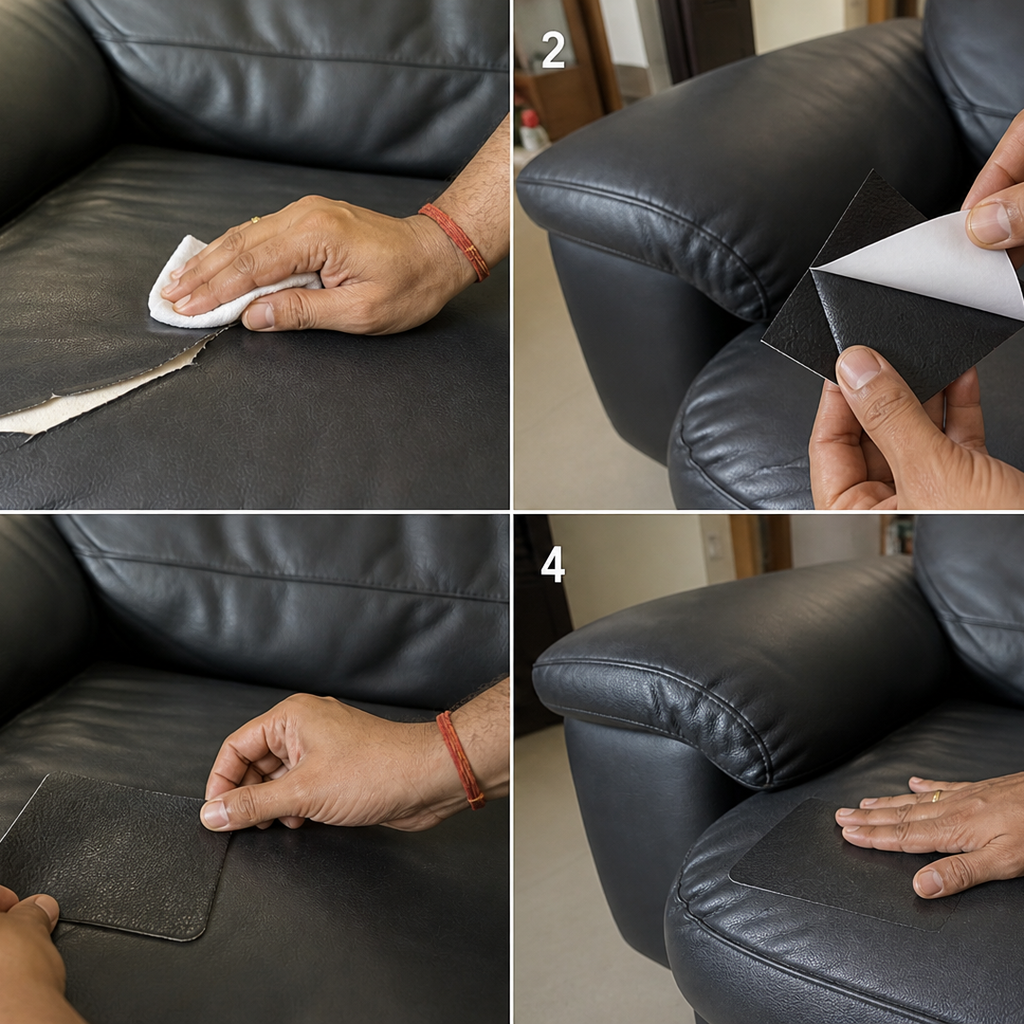 Step-by-step process of repairing a leather sofa with patches.
