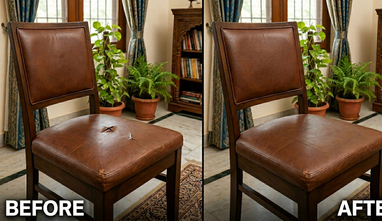 Before and after comparison of a brown leather chair in a room with plants and books.
