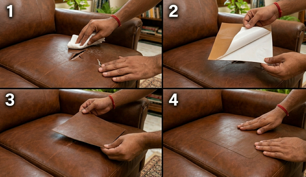 Step-by-step process of repairing a leather sofa with a patch.
