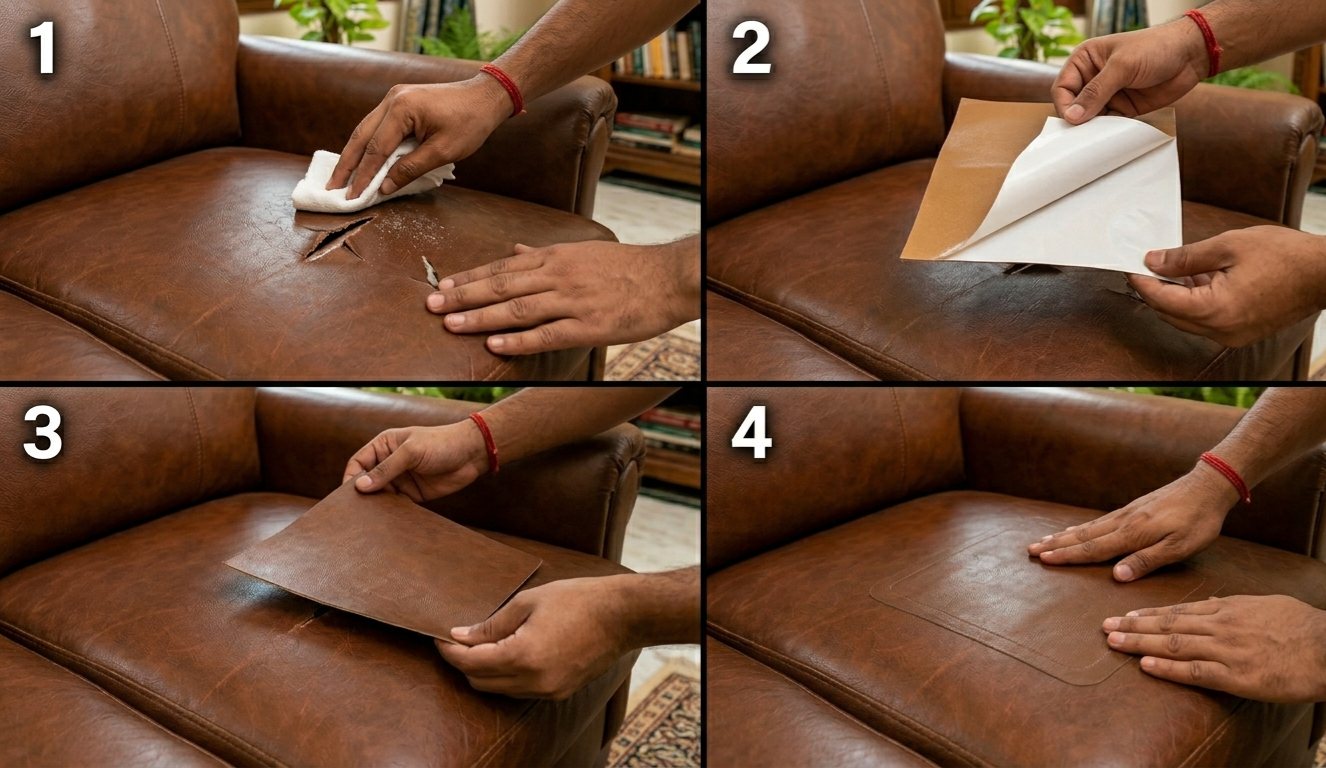 Step-by-step process of repairing a leather sofa with a patch.