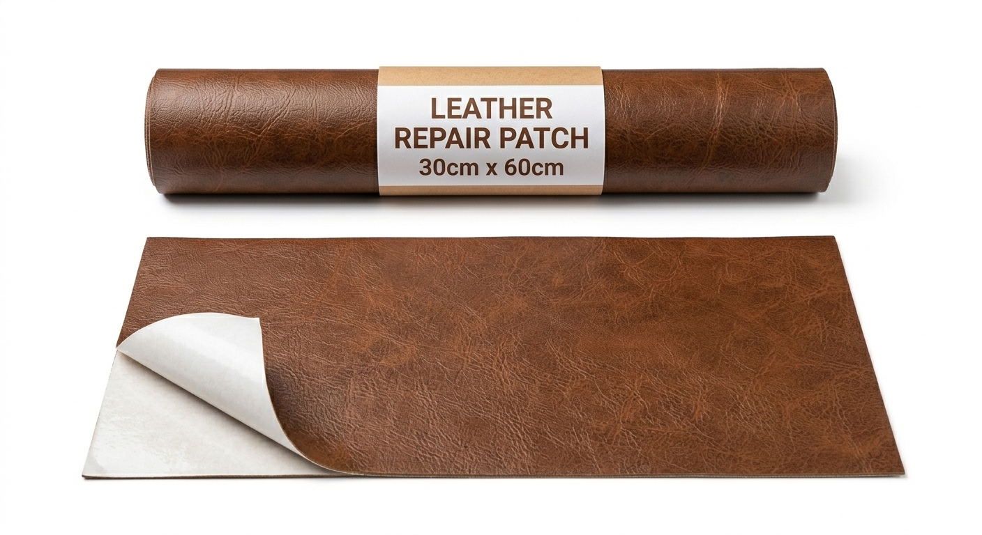 Brown leather repair patch with a label on a white background