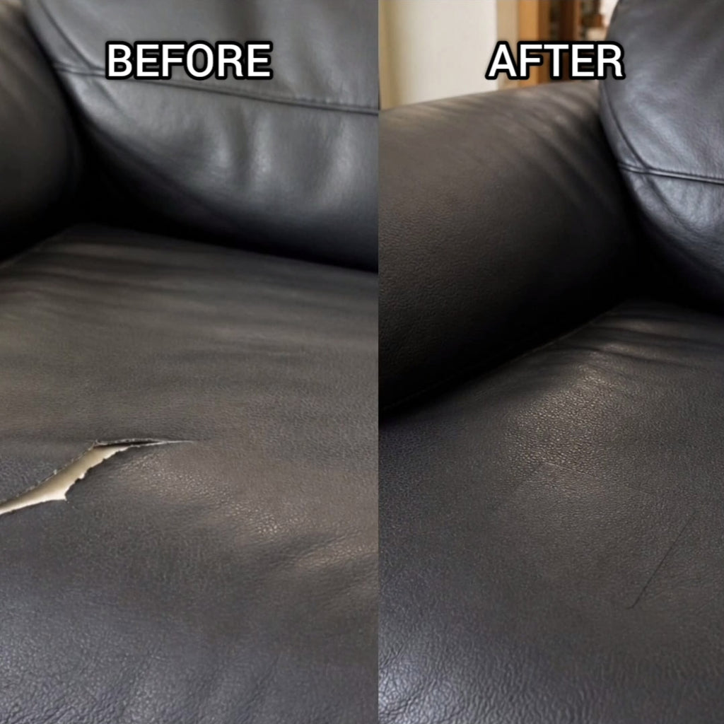 Before and after comparison of a leather couch with a tear修复.