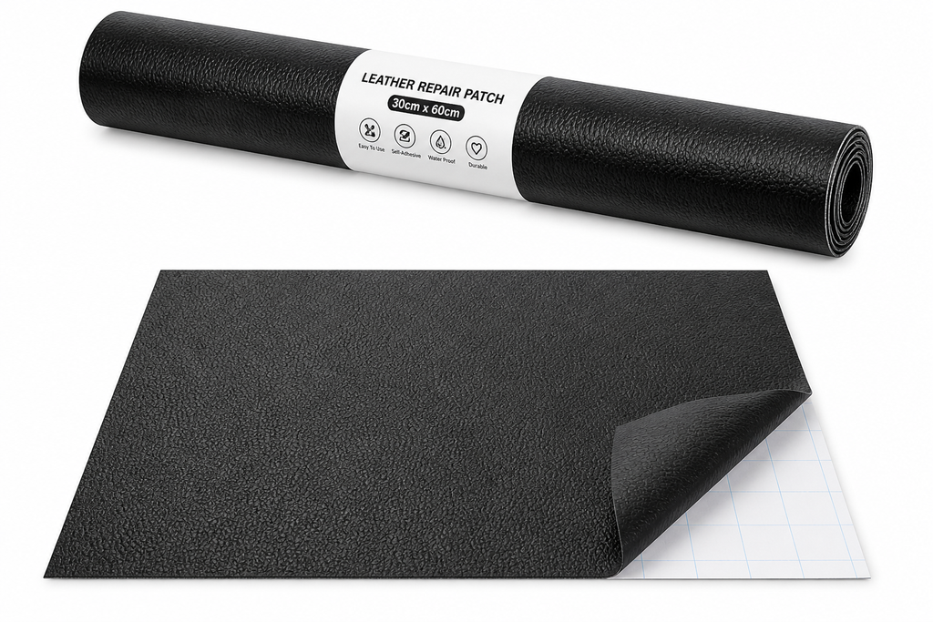 Roll of black leather repair patch with a sample piece on a white background