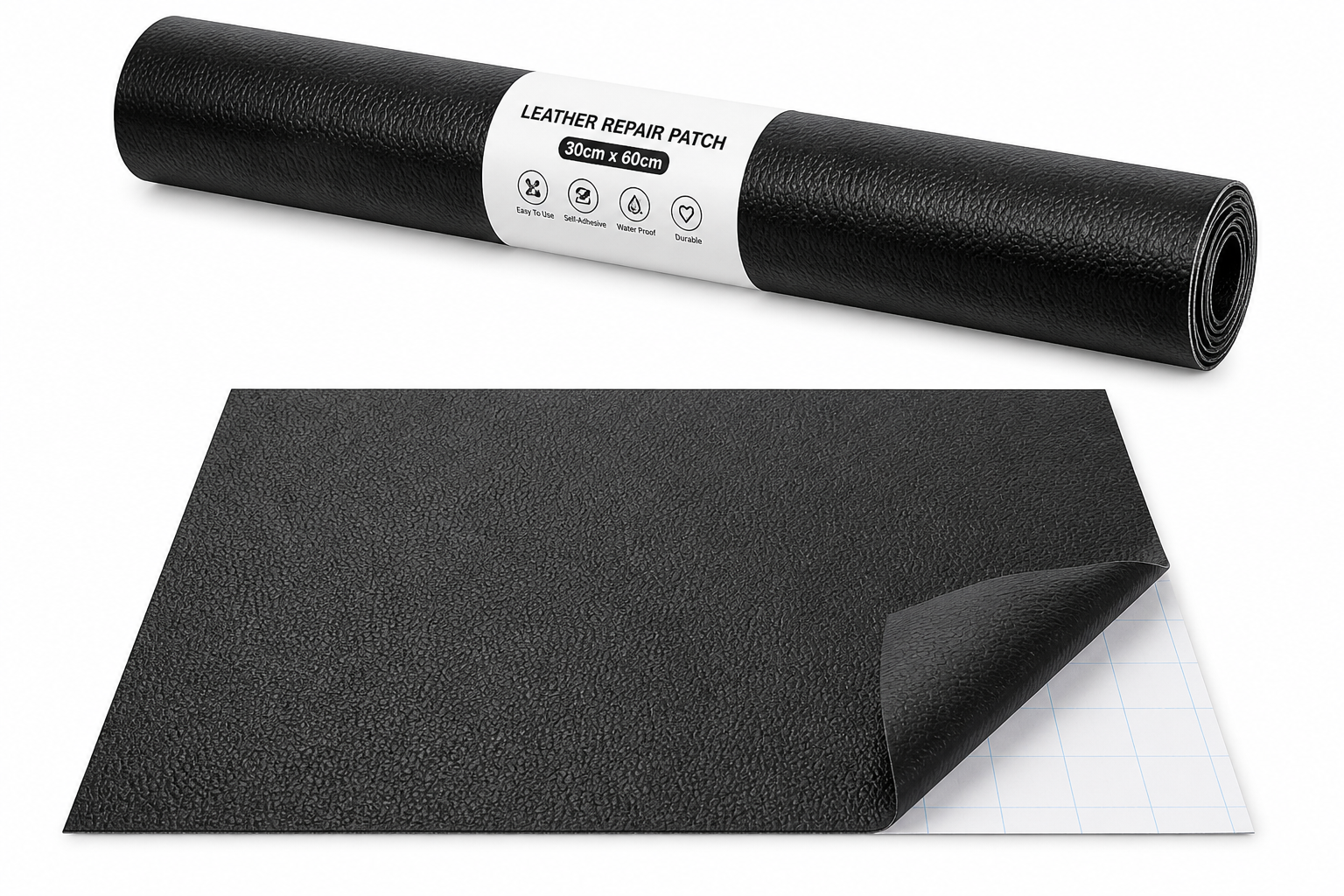 Roll of black leather repair patch with a sample piece on a white background