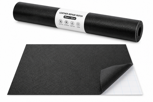 Roll of black leather repair patch with a sample piece on a white background