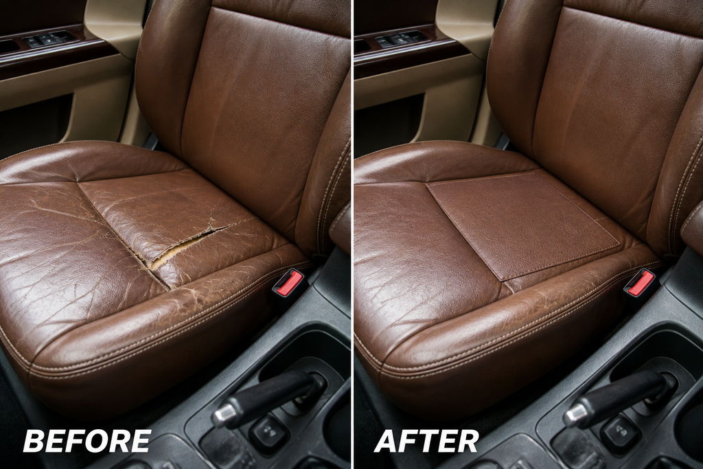 Before and after comparison of a car seat restoration process.
