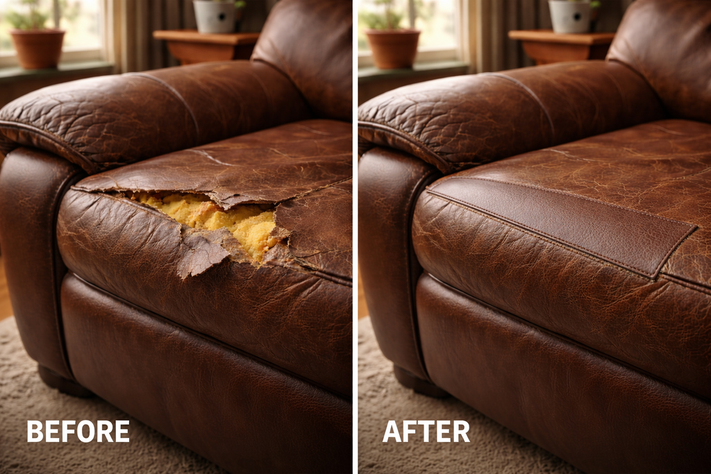 Before and after comparison of a leather sofa with visible damage修复.