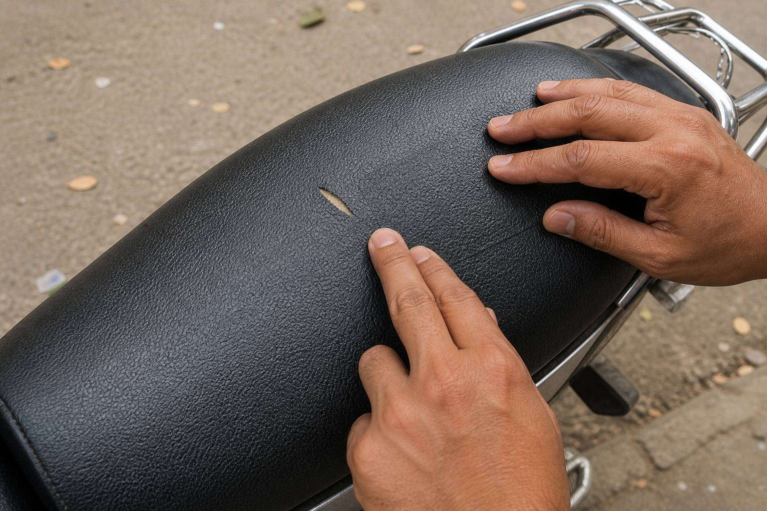 Person inspecting a motorcycle seat with a small cut, touching the area.