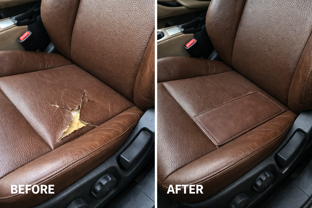Before and after comparison of a car seat修复