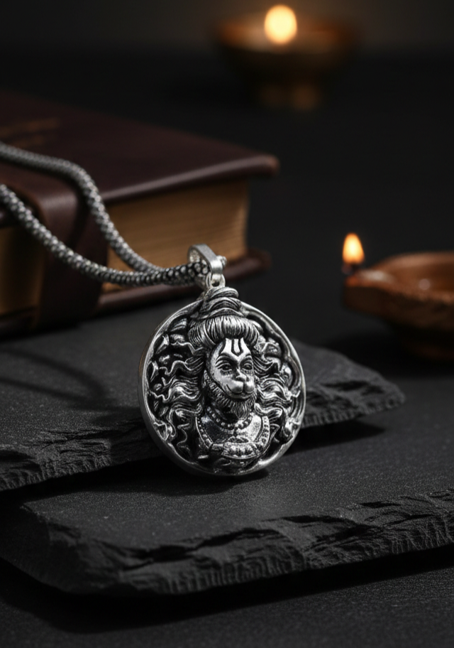 Hanuman Ji Pendant for Strength & Protection – Premium Oxidised Silver Chain Locket